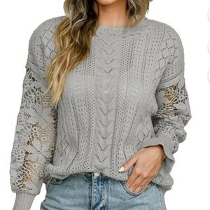 AGARELLE NWT M Gray LACE SLEEVE OPEN-works off one shoulder Sweater